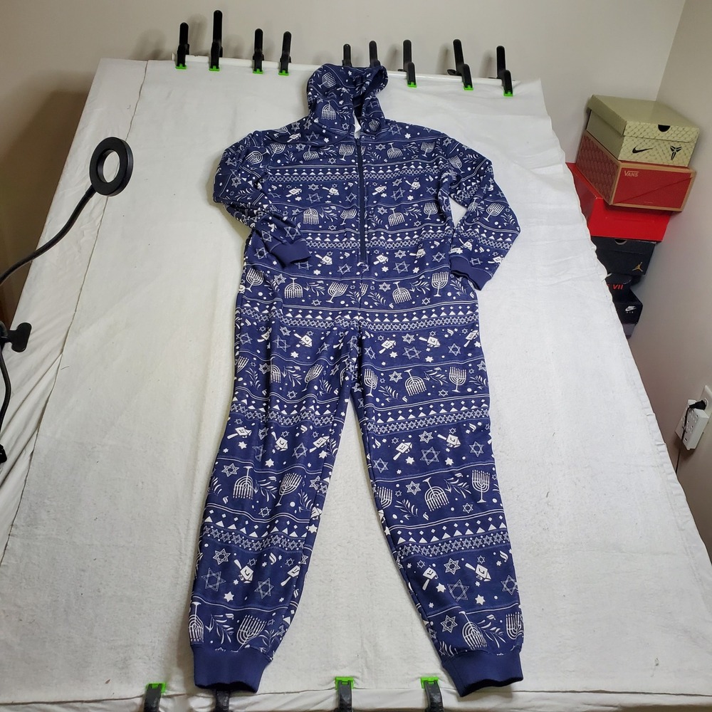 Fabletics Womens Cozy Fleece Hooded Onesie Blue Hanukkah Menorah Star Large Tall